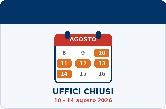 Calendario di agosto 2026 con i giorni dal 10 al 14 evidenziati: uffici IRCA chiusi